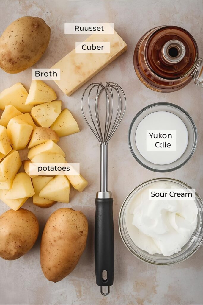 Flat-lay collage of ingredients for slow cooker mashed potatoes: potatoes, butter, milk, broth, and sour cream.