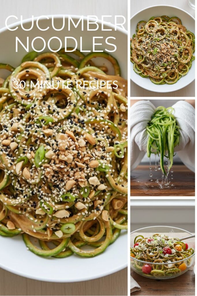 Bowl of crisp cucumber noodles coated in a sesame tahini dressing, ready for text overlay "Cucumber Noodles")
