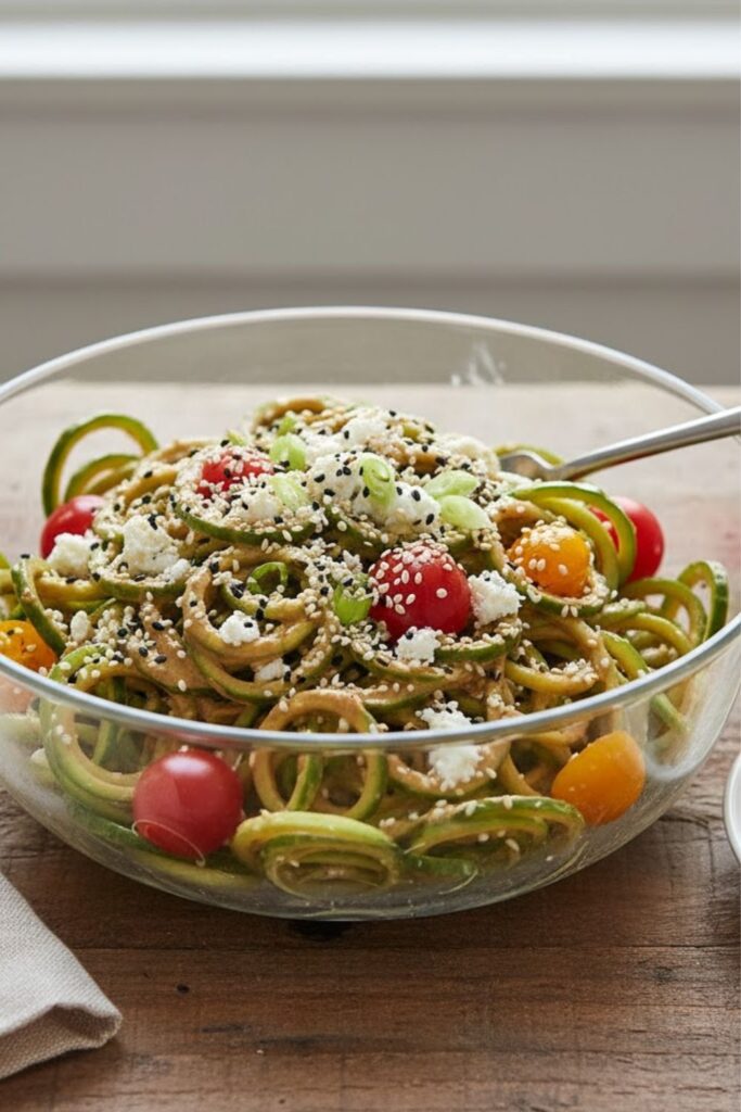 Close-up of water being squeezed from cucumber noodles and a bowl of the salad served Greek-style with feta.)