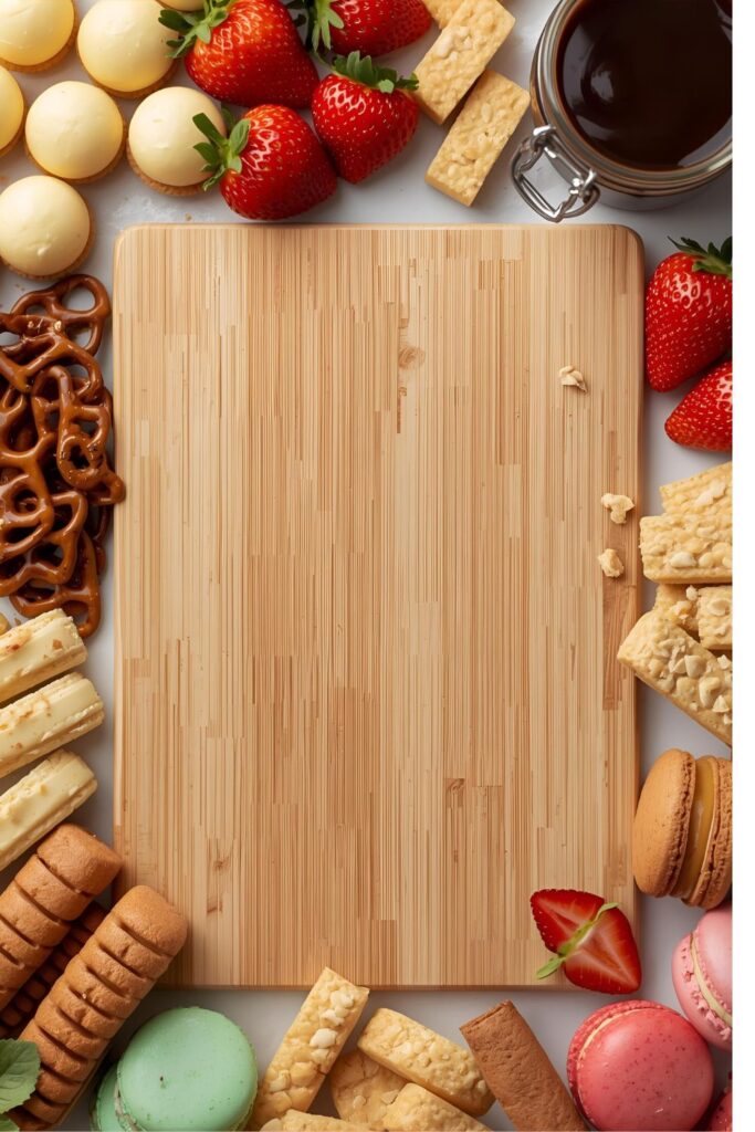 Flat lay collage of dessert board ingredients: cookies, strawberries, macaroons, caramel dip, and a large wooden board.