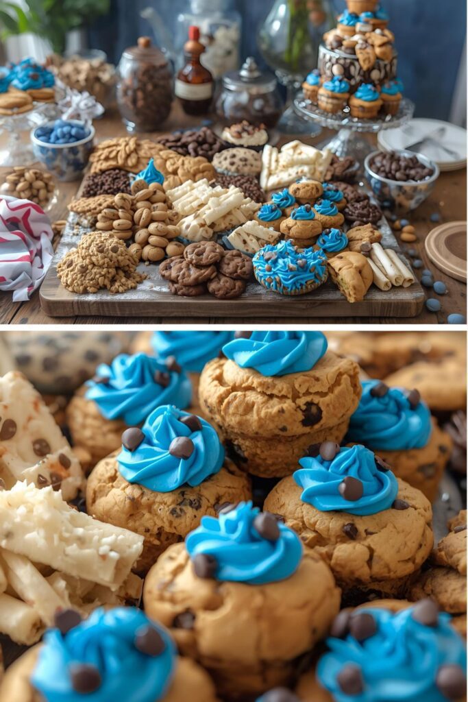 Two separate images: a wide shot of a full dessert board, and a close-up detail shot of the cookie monster cake elements.