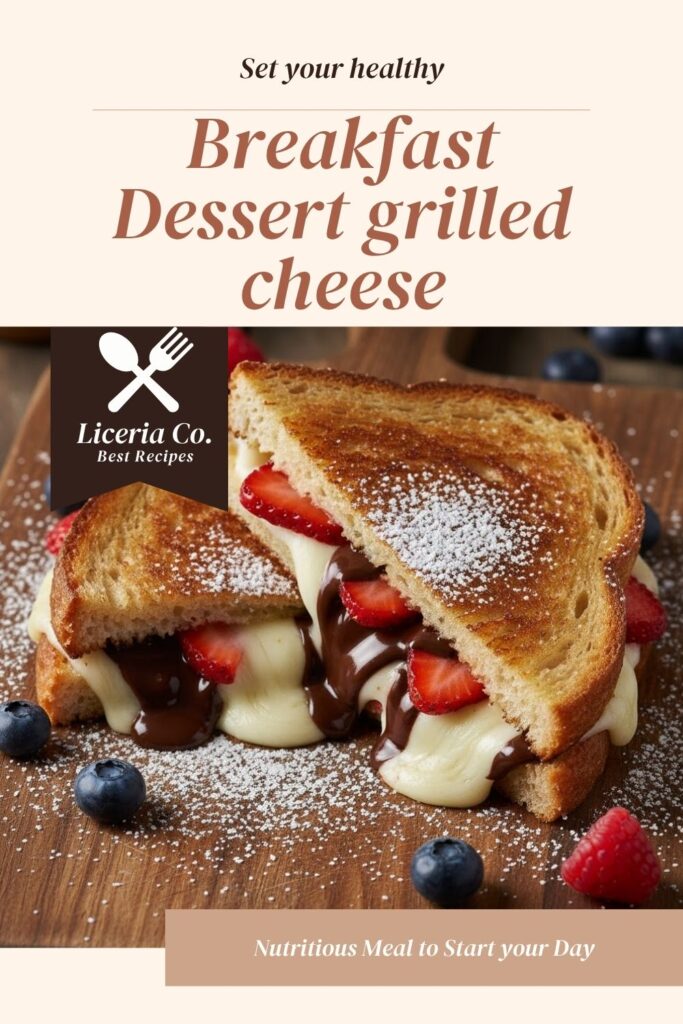A close-up shot of a golden-brown dessert grilled cheese, sliced diagonally, with melted chocolate and fruit oozing out. The text "Dessert grilled cheese" is prominently overlaid