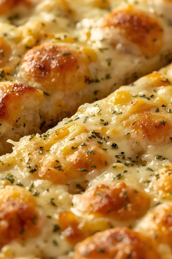 An extreme close-up, high-focus shot of a single slice of the baked Domino's style garlic bread, emphasizing the melted, bubbly mozzarella and Parmesan cheese topping, the crispy golden crust, and the visible flecks of herbs and garlic.