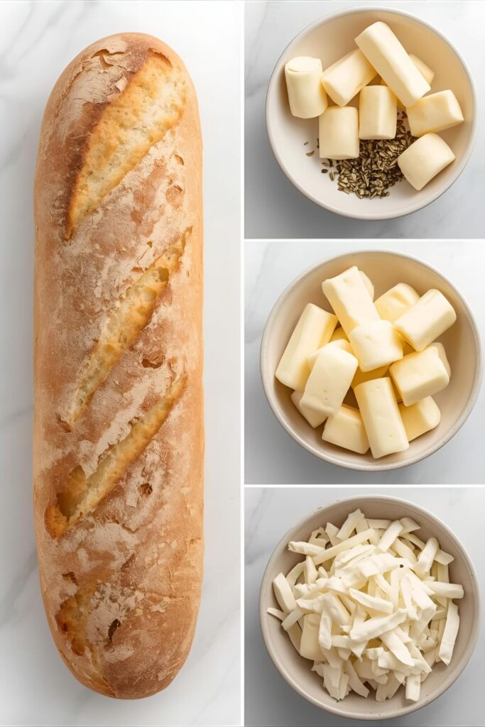 A clean flat lay collage showing the raw ingredients: a soft loaf of French bread, softened butter, fresh garlic cloves, dried herbs, and shredded cheese, arranged on a kitchen counter.