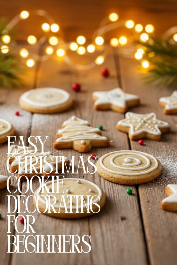 A recipe pin for Christmas cookie decorating showing a variety of simply decorated holiday cookies.