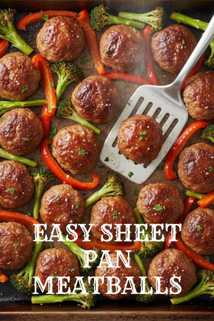 A sheet pan filled with perfectly browned meatballs and roasted vegetables, with the title "EASY SHEET PAN MEATBALLS" overlaid.