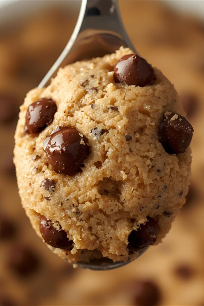 An extreme close-up shot of a spoon full of edible chocolate chip cookie dough, showing the texture of the dough and the glistening chocolate chips