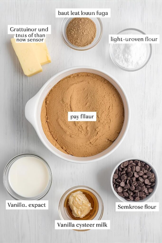 A clean flat lay collage showing the main edible cookie dough ingredients: softened butter, brown sugar, white sugar, a bowl of heat-treated flour, vanilla extract, and chocolate chips