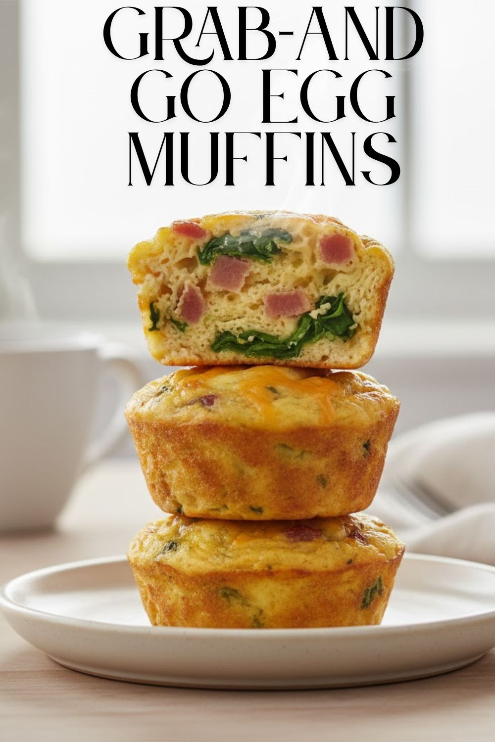 A stack of delicious, healthy egg muffins, with one cut in half to show the filling, and the text "Grab-and-Go Egg Muffins" overlaid.