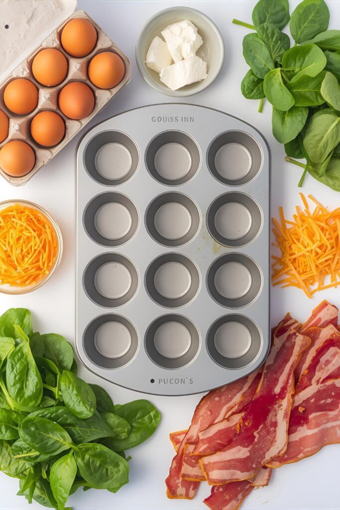A flat-lay image of the ingredients for egg muffins, including eggs, cheese, spinach, and bacon, arranged around a muffin tin.