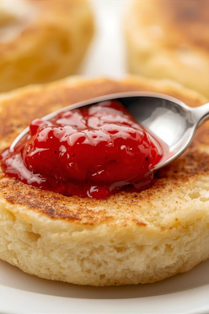 Close-up of a buttered English muffin with jam and a wider shot of two English muffins on a breakfast table with coffee.)