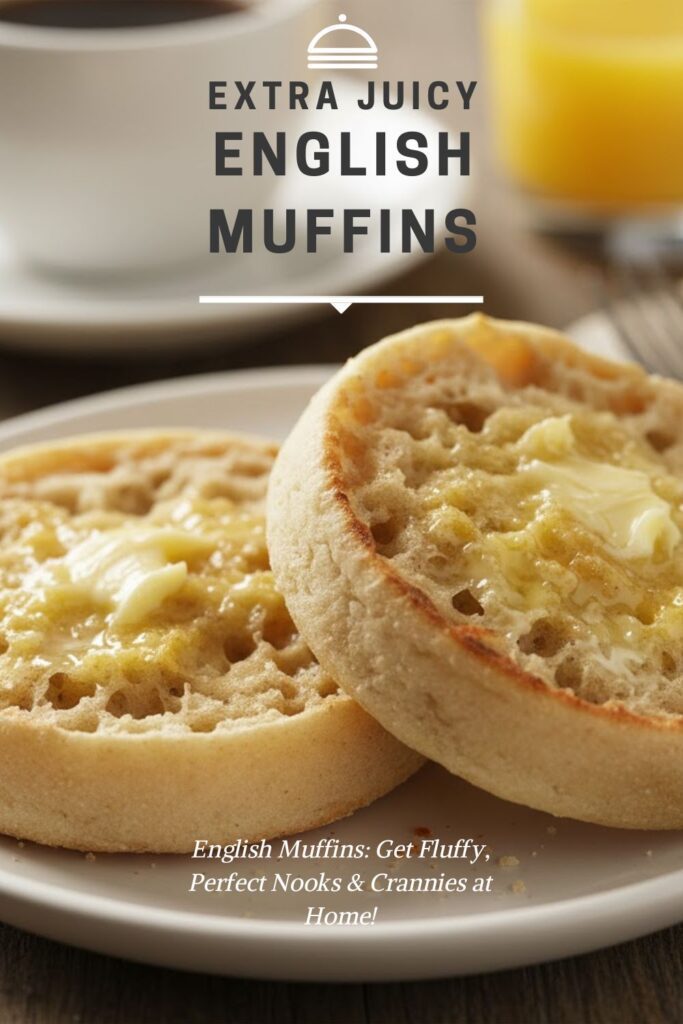 Close-up of a fork-split English muffin with butter, showing nooks and crannies, ready for text overlay "extra jucy English Muffins")