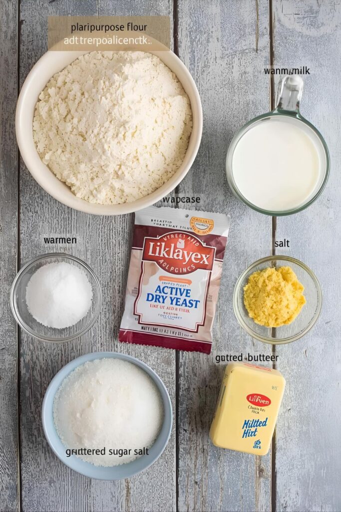 A collage of fresh English muffin ingredients: flour, milk, yeast, sugar, salt, butter, and cornmeal.)