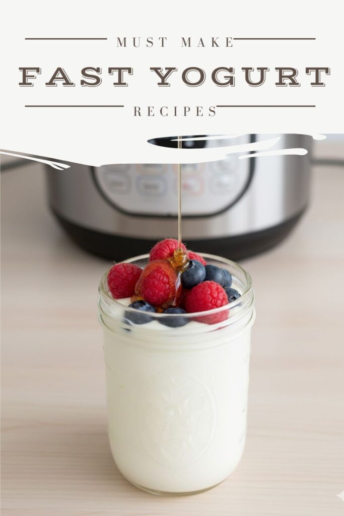 Jar of thick homemade yogurt topped with berries and honey, with an Instant Pot in the background, ready for text overlay "Fast Yogurt"