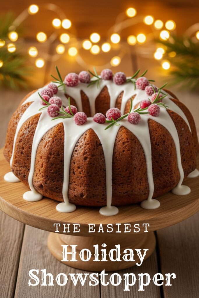 A recipe pin for festive baking ideas showing a whole, glazed gingerbread bundt cake.