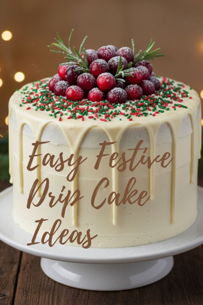 A recipe pin for festive drip cake ideas showing a decorated holiday cake.