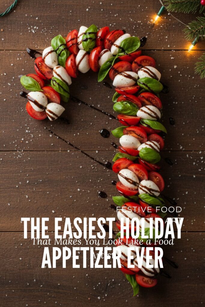 A recipe pin for festive food art showing a large Caprese salad shaped like a candy cane.