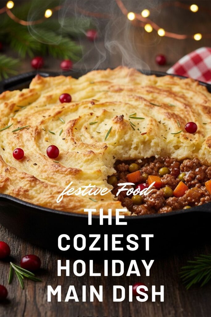 A recipe pin for a festive shepherd's pie showing the finished dish with a golden sweet potato topping.