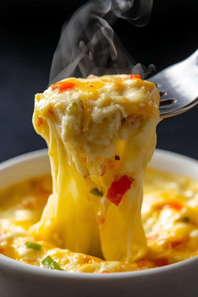An extreme close-up shot of a fork digging into a fluffy mug omelette, showing the light, airy texture and melted cheese.