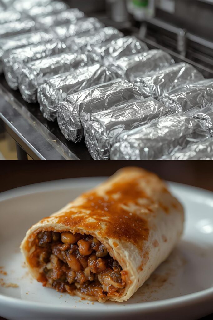 A split image showing a batch of wrapped freezer breakfast burritos and a close-up of a single reheated burrito ready to eat.
