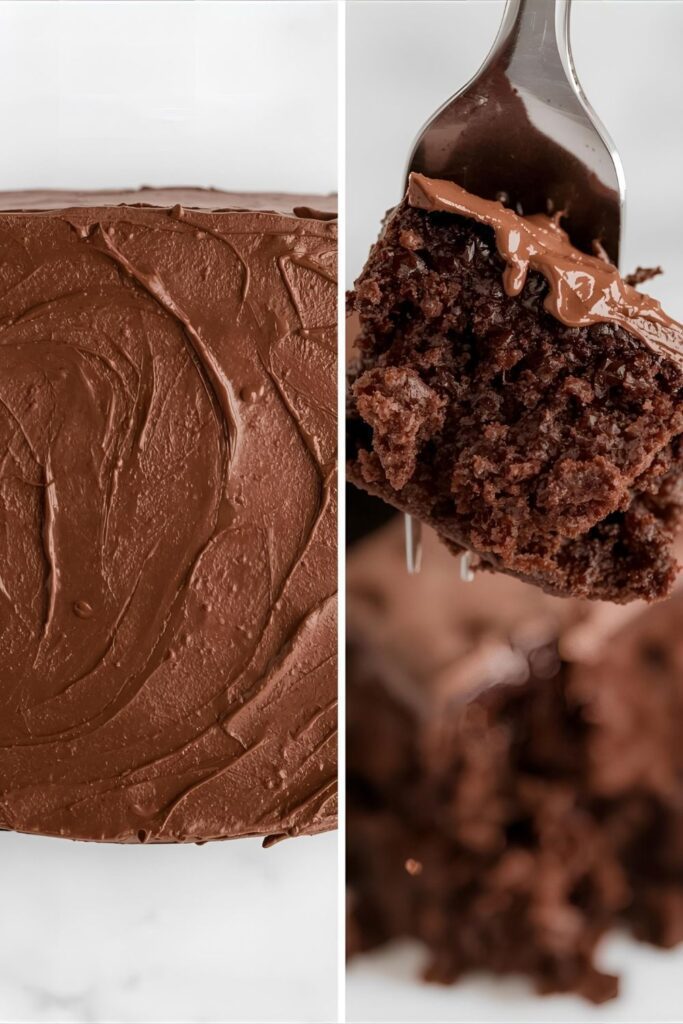 Diptych showing a whole frosted lentil chocolate cake and an extreme close-up of a forkful revealing the dense, moist, fudgy texture.