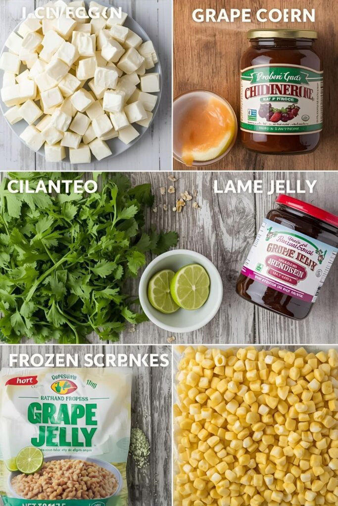 An overhead collage of all the raw ingredients for the three recipes: white cheese, chili sauce, grape jelly, canned chiles, frozen corn, Cotija cheese, and cilantro.