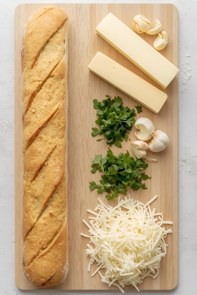 A clean flat lay collage showing the raw ingredients: French bread loaf, butter sticks, fresh garlic cloves, chopped parsley, and shredded mozzarella cheese, arranged on a rustic wooden table