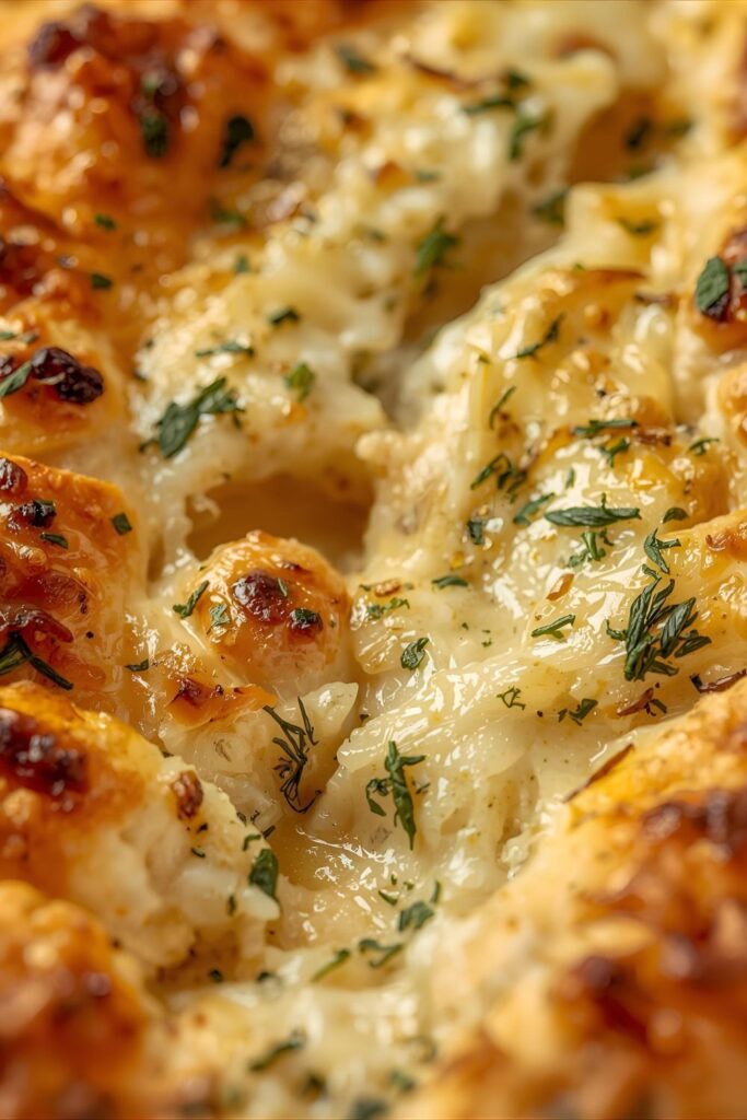 An extreme close-up, high-focus shot of a single piece of the baked cheesy Garlic bread, emphasizing the melted, bubbly cheese crust, the visible flecks of herbs and cooked garlic, and the buttery, soft texture of the bread's interior.