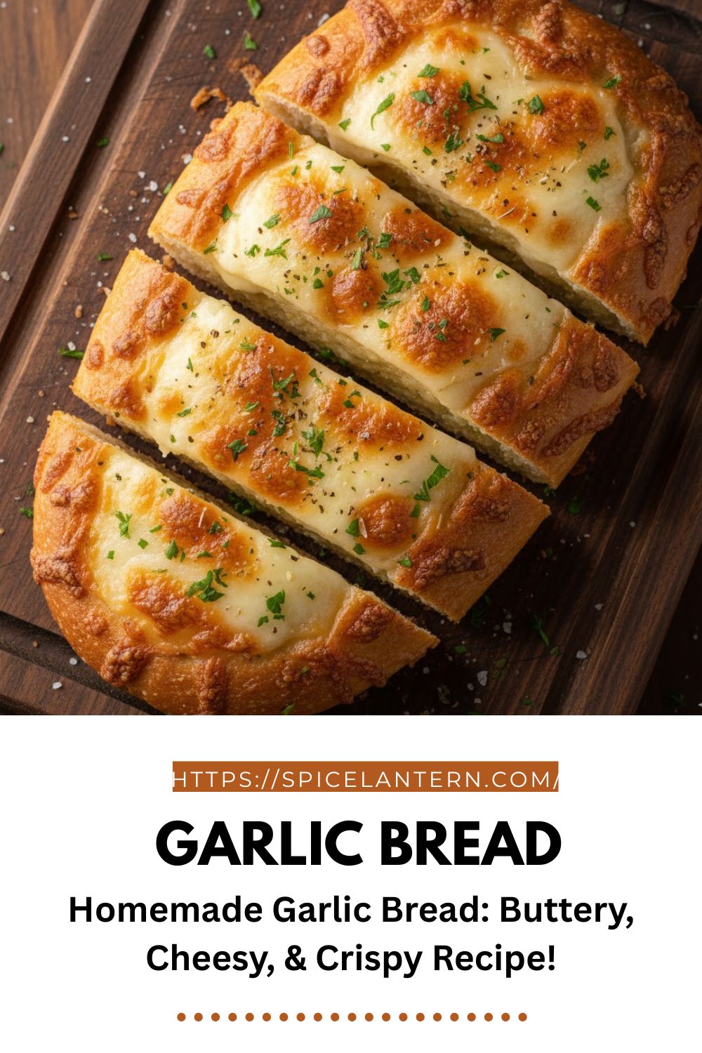 A close-up shot of a golden-brown, cheesy loaf of garlic bread, sliced, with visible herbs and butter. The text "Garlic bread" is overlaid