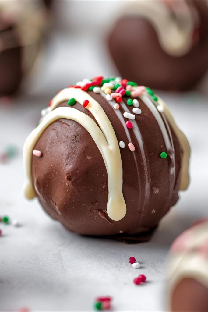 An extreme close-up macro shot of a single Oreo truffle, focusing on the glossy chocolate shell and decorative sprinkles