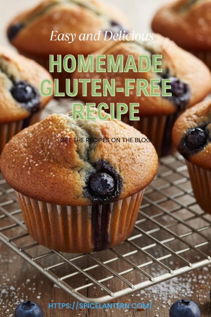 Close-up of fluffy blueberry gluten-free muffins on a cooling rack, ready for text overlay "easy homemade Gluten-Free Recipe")