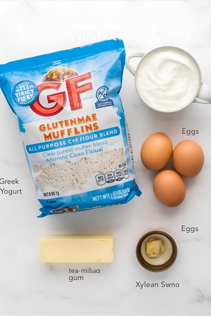 A collage of gluten-free baking ingredients: GF flour blend, Greek yogurt, butter, and xanthan gum.)