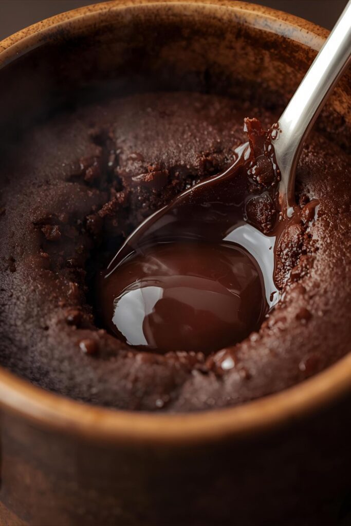 An extreme close-up macro shot of a spoon breaking into a gooey chocolate mug cake, revealing a molten center.