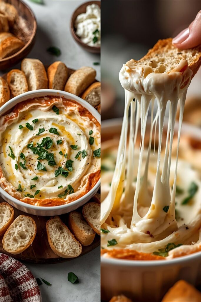 Diptych showing a full baked pesto mozzarella dip and an extreme close-up of a cracker pulling a long string of melted mozzarella cheese from the dish.