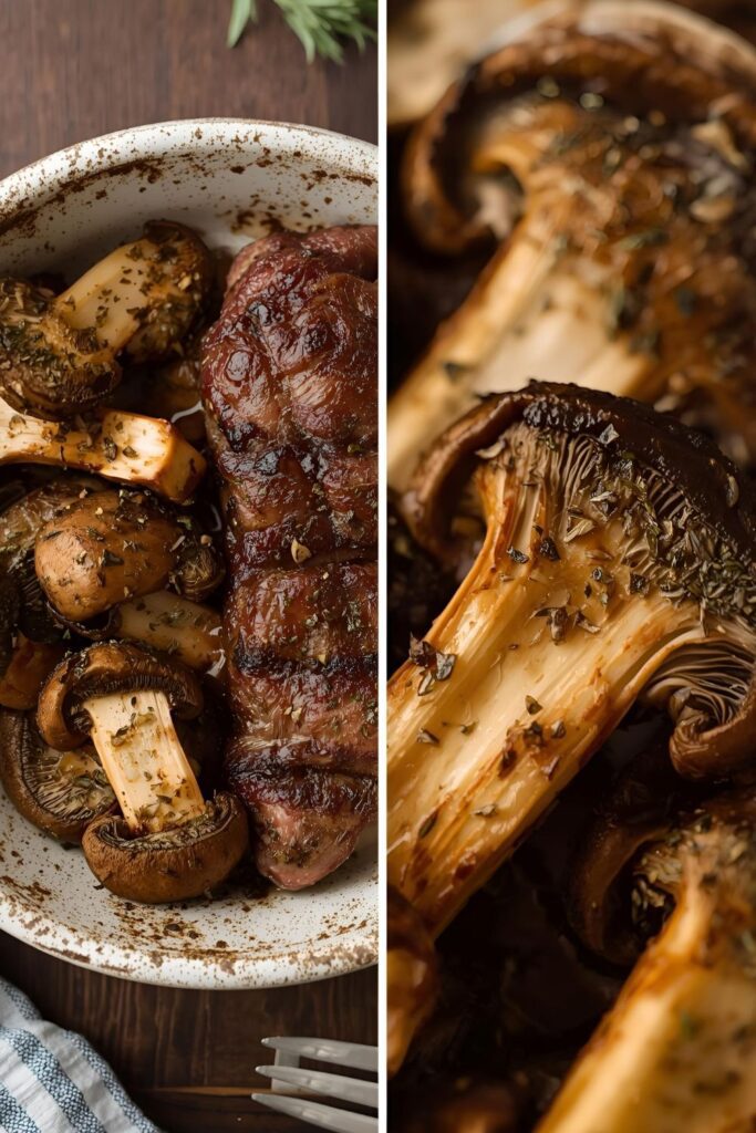 Diptych showing a serving of truffle mushrooms next to a steak and an extreme close-up of a single glistening, sautéed mushroom piece.
