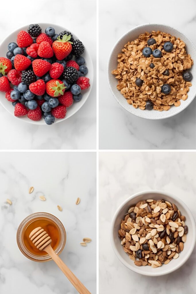 A flat-lay collage of various healthy toppings for Greek yogurt bowls, including berries, granola, nuts, and honey.