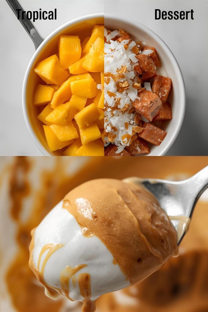 A split image showing two different variations of Greek yogurt bowls and a close-up of a spoon highlighting the creamy texture.