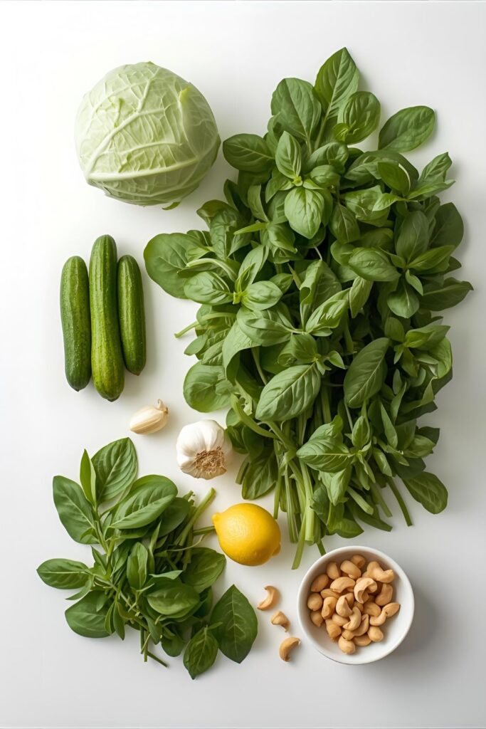 A collage of the fresh ingredients for the green goddess salad: cabbage, cucumber, basil, spinach, and cashews.
