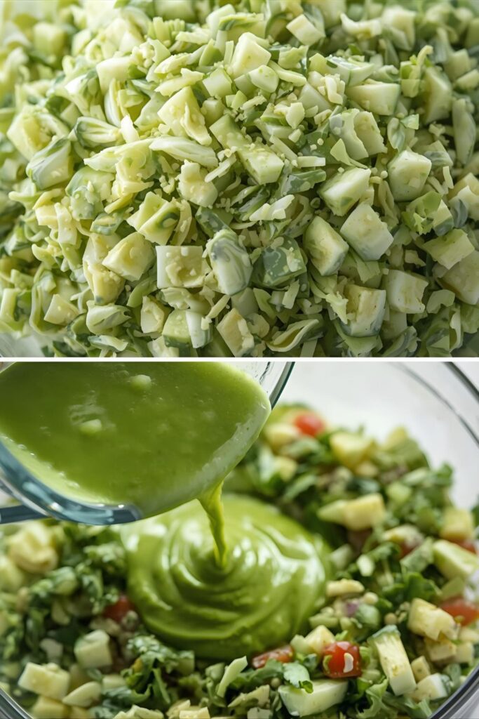 A two-part image showing a close-up of the green goddess salad's fine texture and an action shot of the dressing being poured over the chopped vegetables.