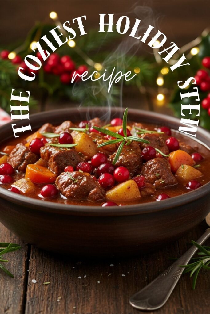 A recipe pin for holiday stew recipes showing a cozy bowl of cranberry beef stew.