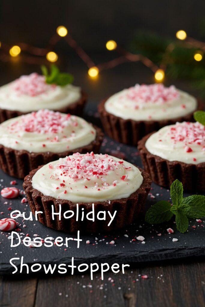 A recipe pin for holiday dessert table ideas showing a platter of mini peppermint chocolate tarts.