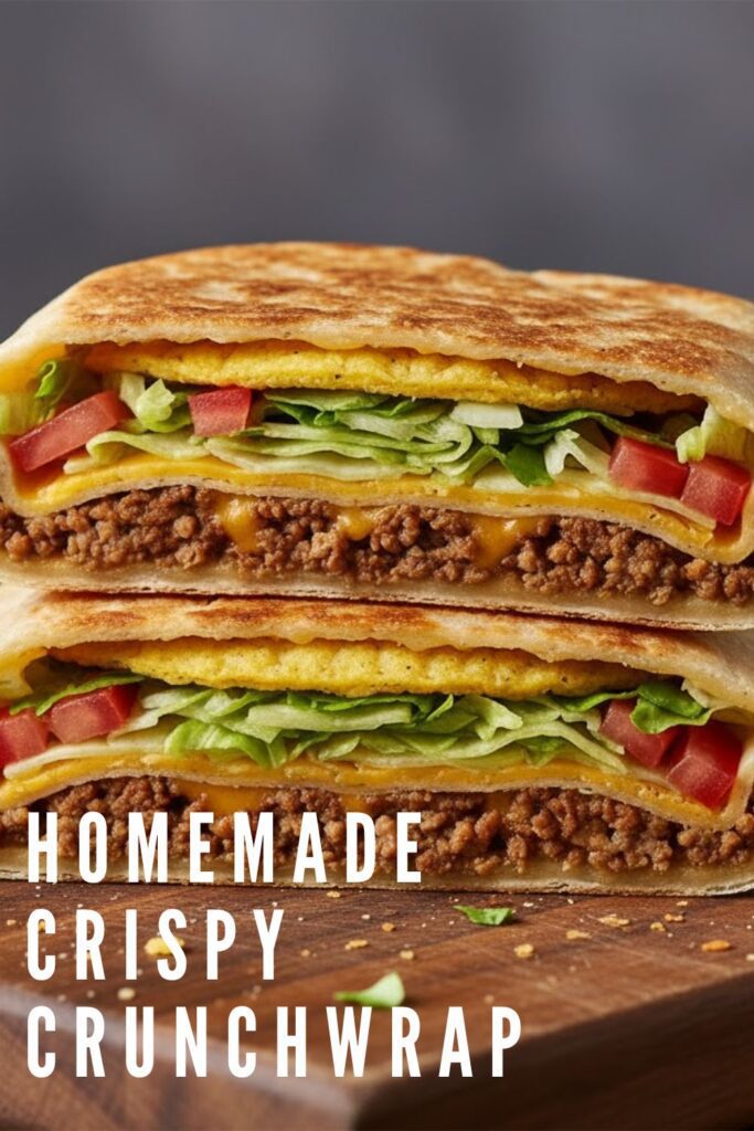 A golden-brown homemade crispy crunchwrap sliced in half to show its layers, with the title "HOMEMADE CRISPY CRUNCHWRAP" overlaid.