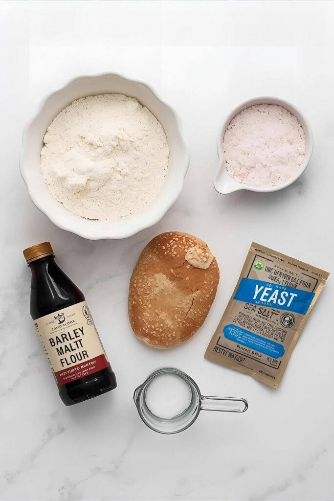 Flat lay photo of the essential bagel ingredients: bread flour, water, yeast, salt, and barley malt syrup.
