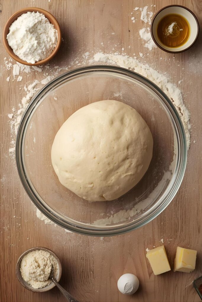 Flat lay photo collage showing the pillowy uncooked pizza dough ball next to bowls of bread flour, active dry yeast, sea salt, and a bottle of olive oil.
