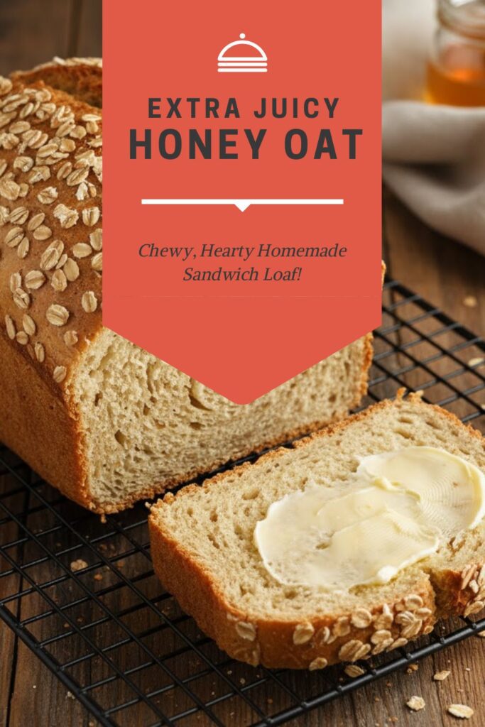 Golden-brown Honey Oat loaf with a slice cut, showing the soft, oat-flecked interior, ready for text overlay "Honey Oat")