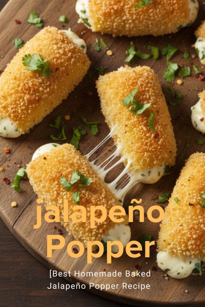 Close-up of baked jalapeño poppers on a platter with "Jalapeño Popper" text overlay.