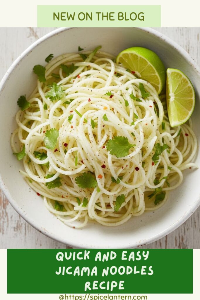 A bright bowl of fresh jicama noodles salad with a text overlay that reads "Jicama Noodles."