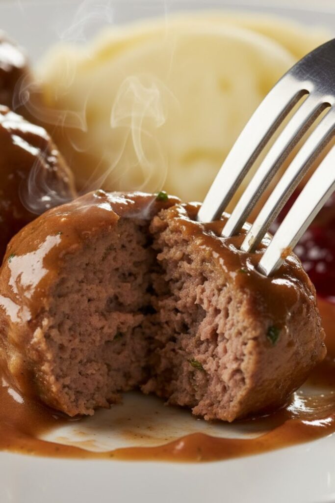 Two images: a wide shot of the full meatball dish and a close-up of a single meatball being cut open to show the texture