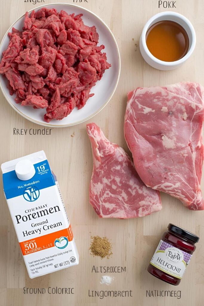 Flat lay collage of meatball and sauce ingredients: ground beef, pork, cream, broth, spices, and jam jar.