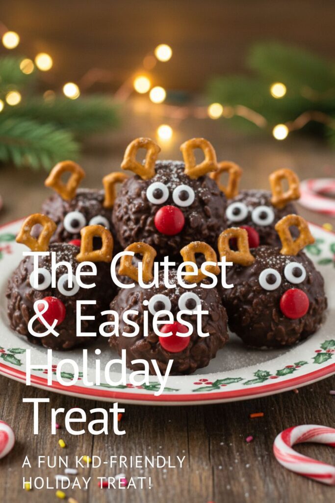 A recipe pin for kid-friendly holiday treats showing a platter of cute Reindeer Rice Krispie Treats.